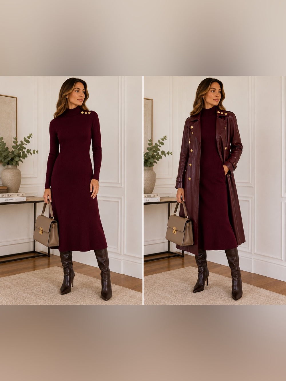 L'AGENCE Voletta knit Turtleneck Midi Dress with Gold Buttons | size Large